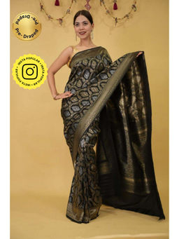 Isadora Life - Womens Woven Zari Black Pre-Draped Saree With Unstitched Blouse