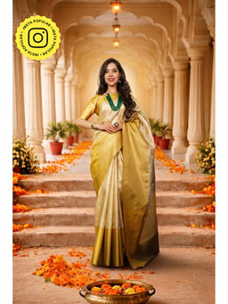 Isadora Life - Womens Woven Zari Ivory Pre-Draped Saree With Unstitched Blouse