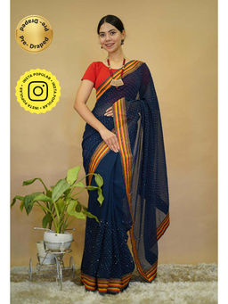 Isadora Life - Womens Embroidered Sequined Navy Blue Pre-Draped Saree With Unstitched Blouse