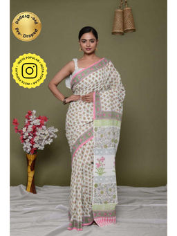 Isadora Life - Womens Floral Printed Beige Pre-Draped Saree With Unstitched Blouse