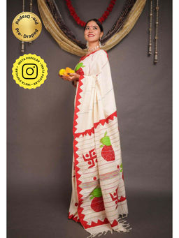 Isadora Life - Womens Printed Tassels Beige Pre-Draped Saree With Unstitched Blouse