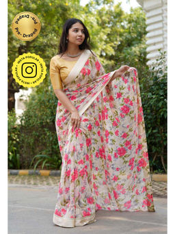 Isadora Life - Womens Floral Printed Beige Pre-Draped Saree With Unstitched Blouse
