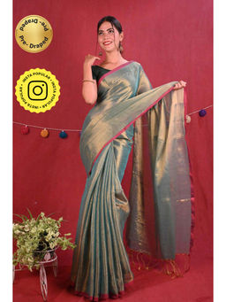 Isadora Life - Womens Woven Zari Green Pre-Draped Saree With Unstitched Blouse