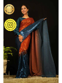 Isadora Life - Womens Sequined Multi-Color Pre-Draped Saree With Unstitched Blouse