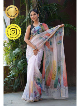 Isadora Life - Womens Printed Multi-Color Pre-Draped Saree With Unstitched Blouse