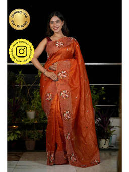 Isadora Life - Womens Embroidered Sequined Orange Pre-Draped Saree With Unstitched Blouse