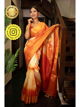 Isadora Life - Womens Tie & Dye Tassels Orange Pre-Draped Saree With Unstitched Blouse