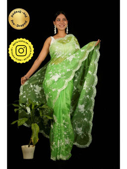 Isadora Life - Womens Embroidered Thread Work Green Pre-Draped Saree With Unstitched Blouse