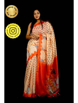 Isadora Life - Womens Printed Tassels Cream Pre-Draped Saree With Unstitched Blouse