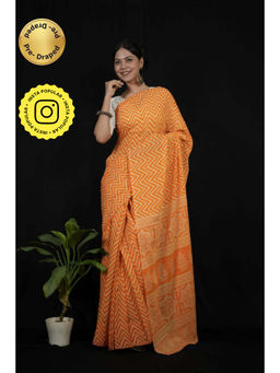 Isadora Life - Womens Printed Orange Pre-Draped Saree With Unstitched Blouse
