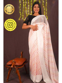 Isadora Life - Womens Printed Tassels White Pre-Draped Saree With Unstitched Blouse