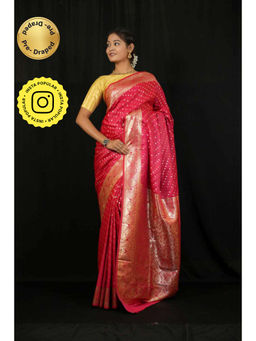 Isadora Life - Womens Woven Zari Pink Pre-Draped Saree With Unstitched Blouse