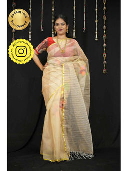 Isadora Life - Womens Stripes Tassels Beige Pre-Draped Saree With Unstitched Blouse