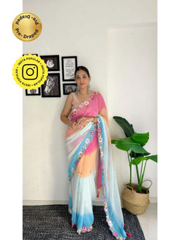 Isadora Life - Womens Ombre Embroidered Multi-Color Pre-Draped Saree With Unstitched Blouse