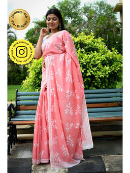 Isadora Life - Womens Printed Peach Pre-Draped Saree With Unstitched Blouse