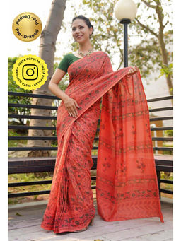 Isadora Life - Womens Floral Printed Orange Pre-Draped Saree With Unstitched Blouse