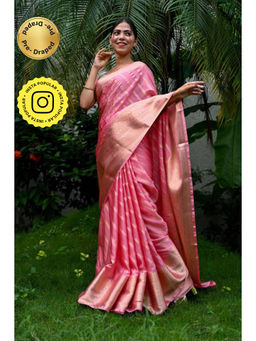 Isadora Life - Womens Woven Zari Pink Pre-Draped Saree With Unstitched Blouse
