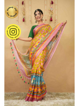 Isadora Life - Womens Printed Tassels Multi-Color Pre-Draped Saree With Unstitched Blouse