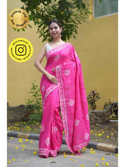 Isadora Life - Womens Printed Tassels Pink Pre-Draped Saree With Unstitched Blouse