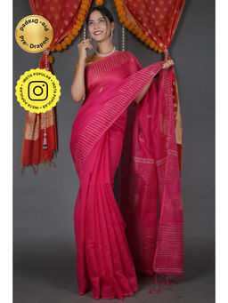 Isadora Life - Womens Printed Tassels Pink Pre-Draped Saree With Unstitched Blouse