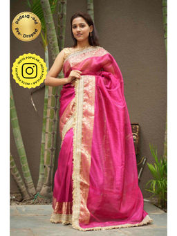 Isadora Life - Womens Woven Embroidered Pink Pre-Draped Saree With Unstitched Blouse