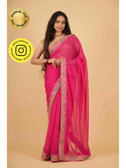 Isadora Life - Womens Bandhani Printed Pink Pre-Draped Saree With Unstitched Blouse