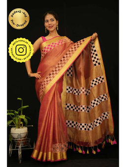 Isadora Life - Womens Embroidered Mirror Work Brown Pre-Draped Saree With Unstitched Blouse
