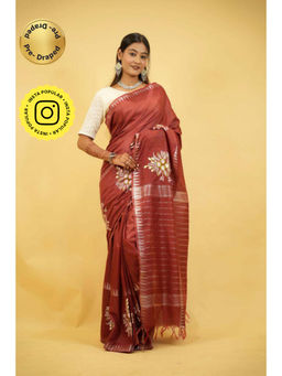 Isadora Life - Womens Embroidered Tassels Brown Pre-Draped Saree With Unstitched Blouse