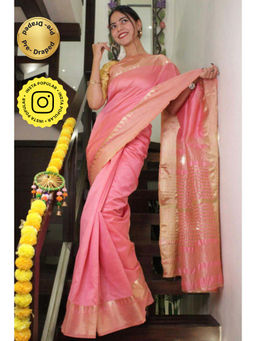 Isadora Life - Womens Woven Zari Pink Pre-Draped Saree With Unstitched Blouse