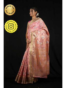 Isadora Life - Womens Woven Zari Pink Pre-Draped Saree With Unstitched Blouse