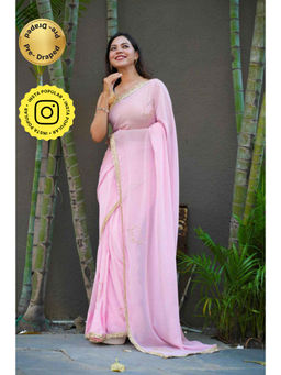 Isadora Life - Womens Sequined Lace Work Pink Pre-Draped Saree With Unstitched Blouse