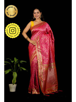 Isadora Life - Womens Woven Zari Pink Pre-Draped Saree With Unstitched Blouse