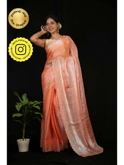 Isadora Life - Womens Sequined Orange Pre-Draped Saree With Unstitched Blouse