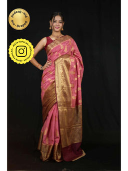 Isadora Life - Womens Paisley Zari Pink Pre-Draped Saree With Unstitched Blouse