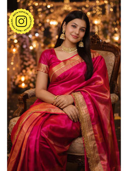 Isadora Life - Womens Woven Zari Pink Pre-Draped Saree With Unstitched Blouse