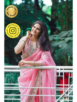 Isadora Life - Womens Embroidered Sequined Pink Pre-Draped Saree With Unstitched Blouse