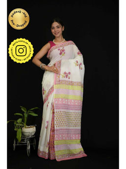 Isadora Life - Womens Floral Hand Block White Pre-Draped Saree With Unstitched Blouse