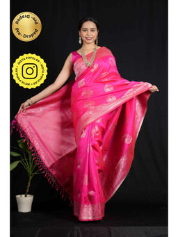 Isadora Life - Womens Paisley Zari Pink Pre-Draped Saree With Unstitched Blouse