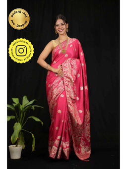 Isadora Life - Womens Woven Zari Pink Pre-Draped Saree With Unstitched Blouse