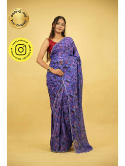 Isadora Life - Womens Floral Printed Blue Pre-Draped Saree With Unstitched Blouse