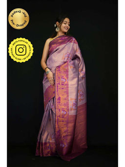 Isadora Life - Womens Floral Printed Purple Pre-Draped Saree With Unstitched Blouse