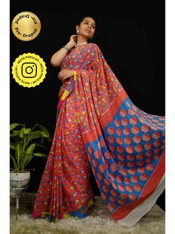 Isadora Life - Womens Block Print Red Pre-Draped Saree With Unstitched Blouse