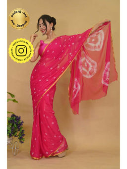 Isadora Life - Womens Bandhani Printed Pink Pre-Draped Saree With Unstitched Blouse