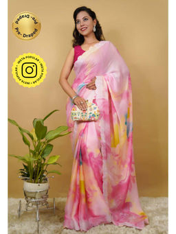 Isadora Life - Womens Tie & Dye Sequined Pink Pre-Draped Saree With Unstitched Blouse