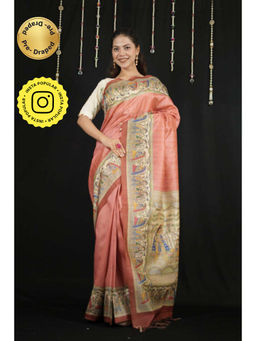 Isadora Life - Womens Printed Tassels Coral Pre-Draped Saree With Unstitched Blouse