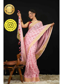 Isadora Life - Womens Embroidered Tassels Pink Pre-Draped Saree With Unstitched Blouse