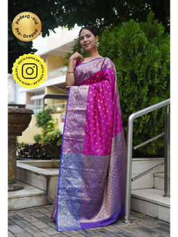 Isadora Life - Womens Woven Zari Pink Pre-Draped Saree With Unstitched Blouse