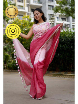 Isadora Life - Womens Ombre Tassels Pink Pre-Draped Saree With Unstitched Blouse