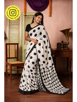 Isadora Life - Womens Polka Dots Printed White Pre-Draped Saree With Unstitched Blouse