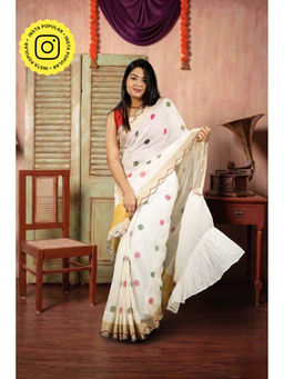 Isadora Life - Womens Polka Dots Zari White Pre-Draped Saree With Unstitched Blouse